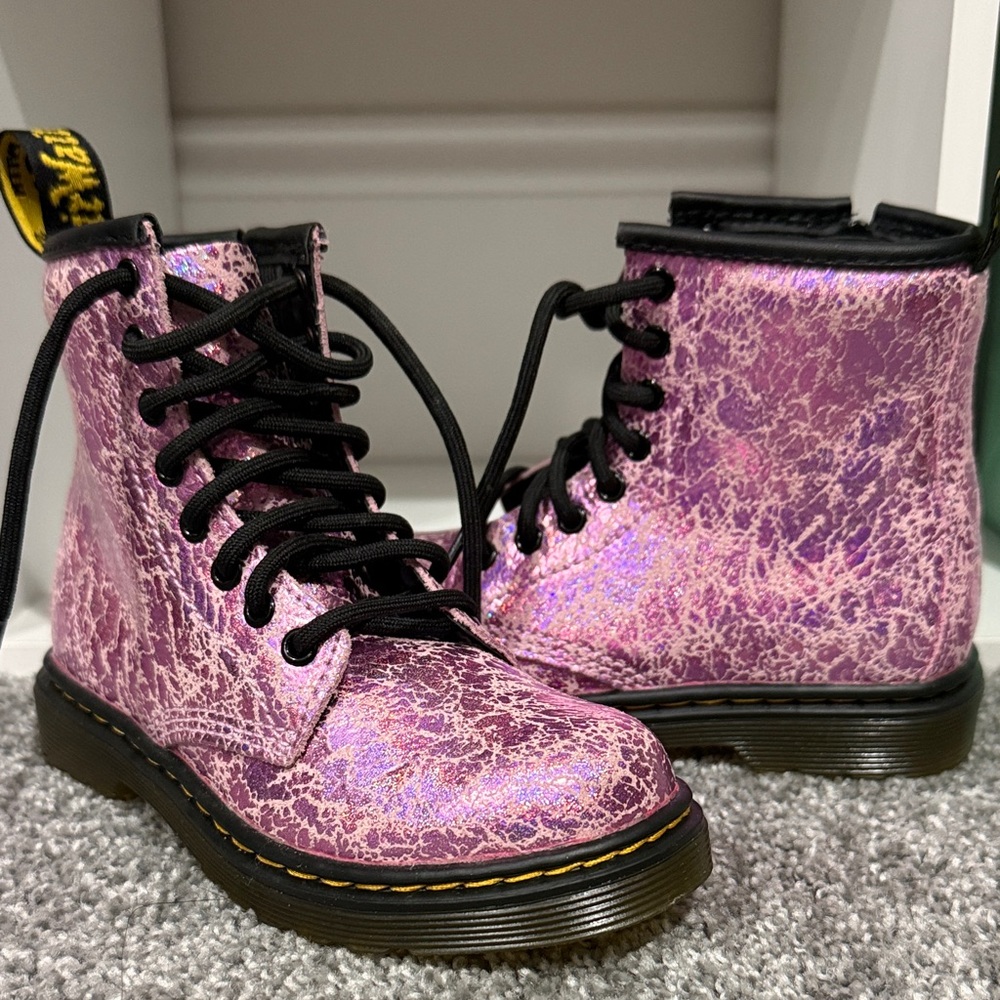 Dr. Martens Shiny Pink/Purple Combat Boots (Toddler Girls)